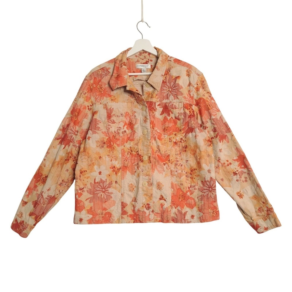 Coldwater Creek Floral Blouse Womens XL Orange Peach Button Front Long Sleeve